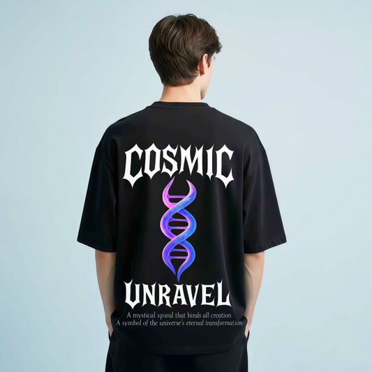 Black oversized t-shirt with 'Cosmic Unravel' design